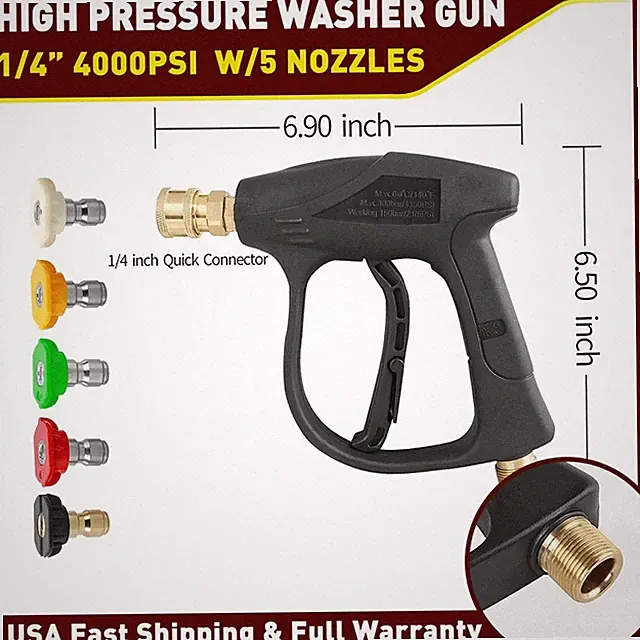 1/4" High Pressure Car Washer Wash Gun Foam Spray Short Wand w/5 Nozzle 4000 PSI
