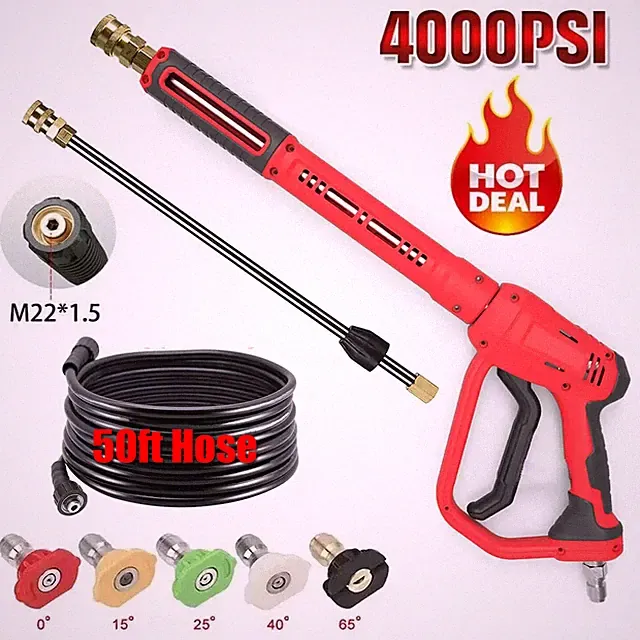 1/4" Pressure Washer Gun + Extension Wand Lance +5 Nozzle Tips /50FT Hose M22