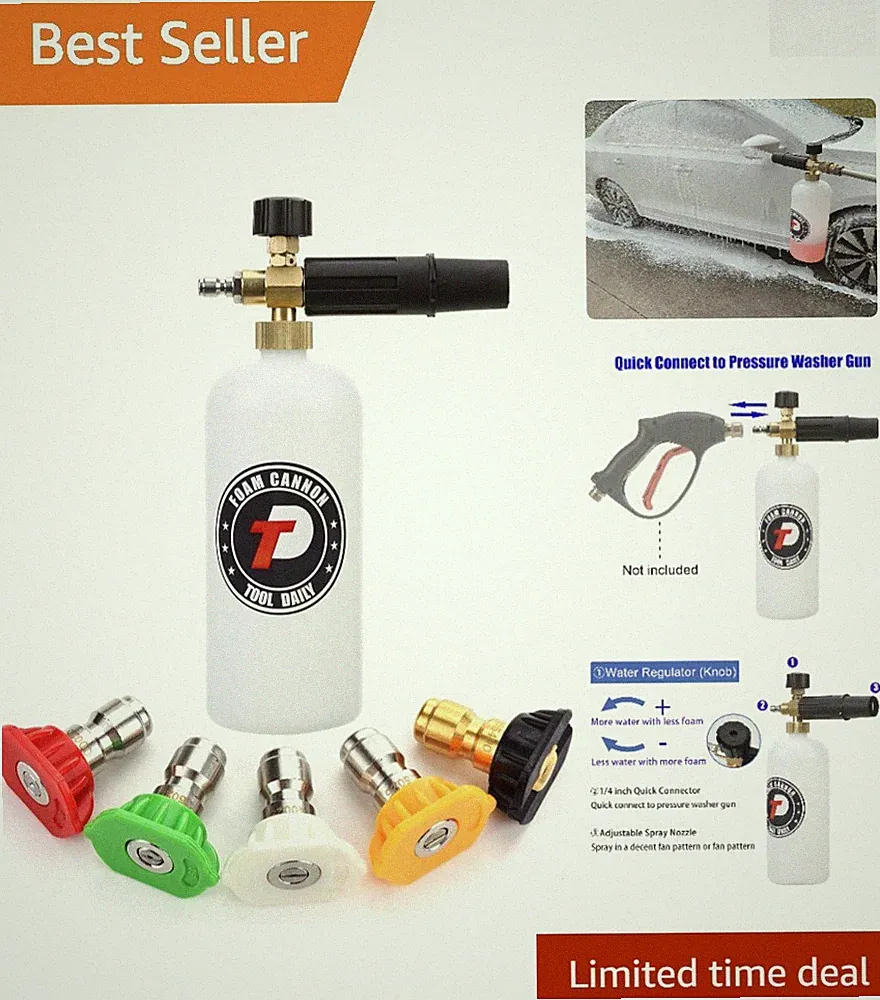1 Liter Foam Cannon - 3000 PSI Adjustable Pressure Washer Accessory with Nozzles