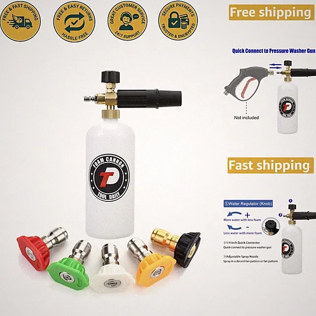 1 Liter Foam Cannon with 5 Nozzle Tips - Quick Connect, Ideal for Car Detailing