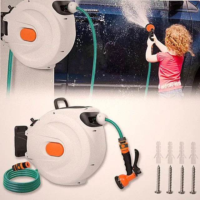 100' x 5/8" Retractable Hose Reel Auto Water Hose Reel 180° Swivel Wall-Mounted