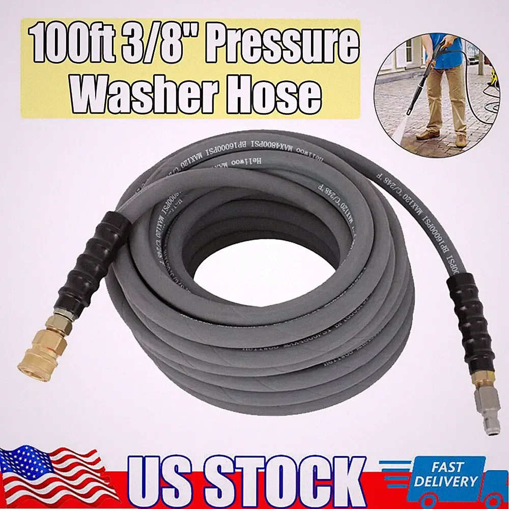 100ft 3/8" Pressure Washer Hose 4000 PSI Gray With Couplers.
