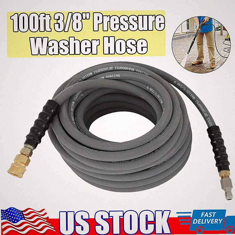 100ft 3/8" Pressure Washer Hose Non-Marking 4000 PSI Gray With Couplers