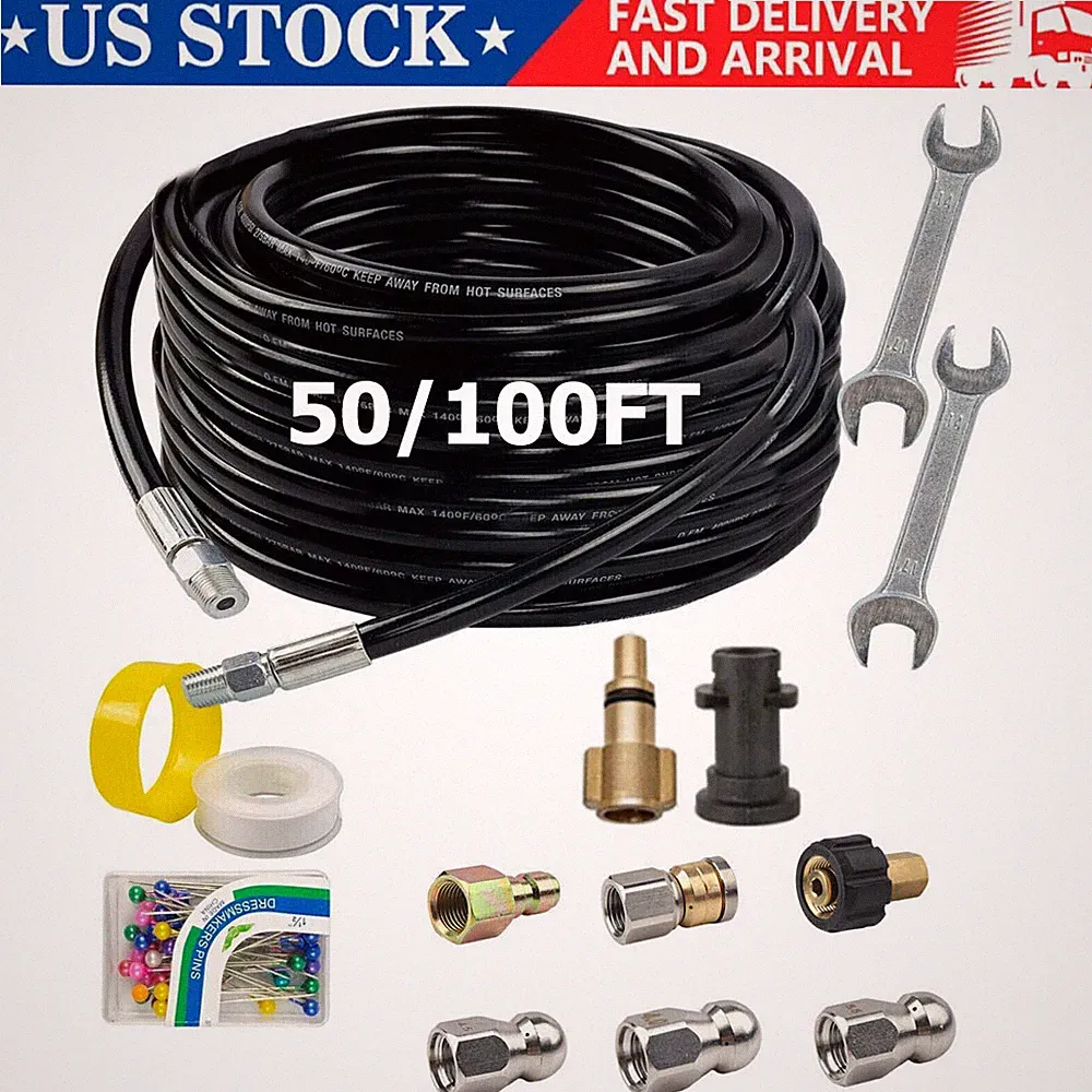 100FT 5800PSI Sewer Jetter Nozzles Kit Drain Cleaning Hose for Pressure Washer