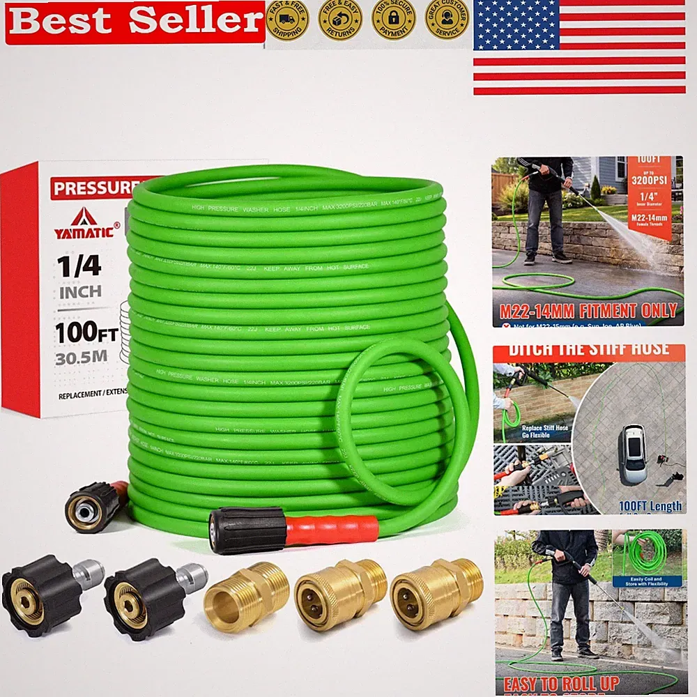 100ft Flexible Pressure Washer Hose with Quick Connects & Reinforced Durability