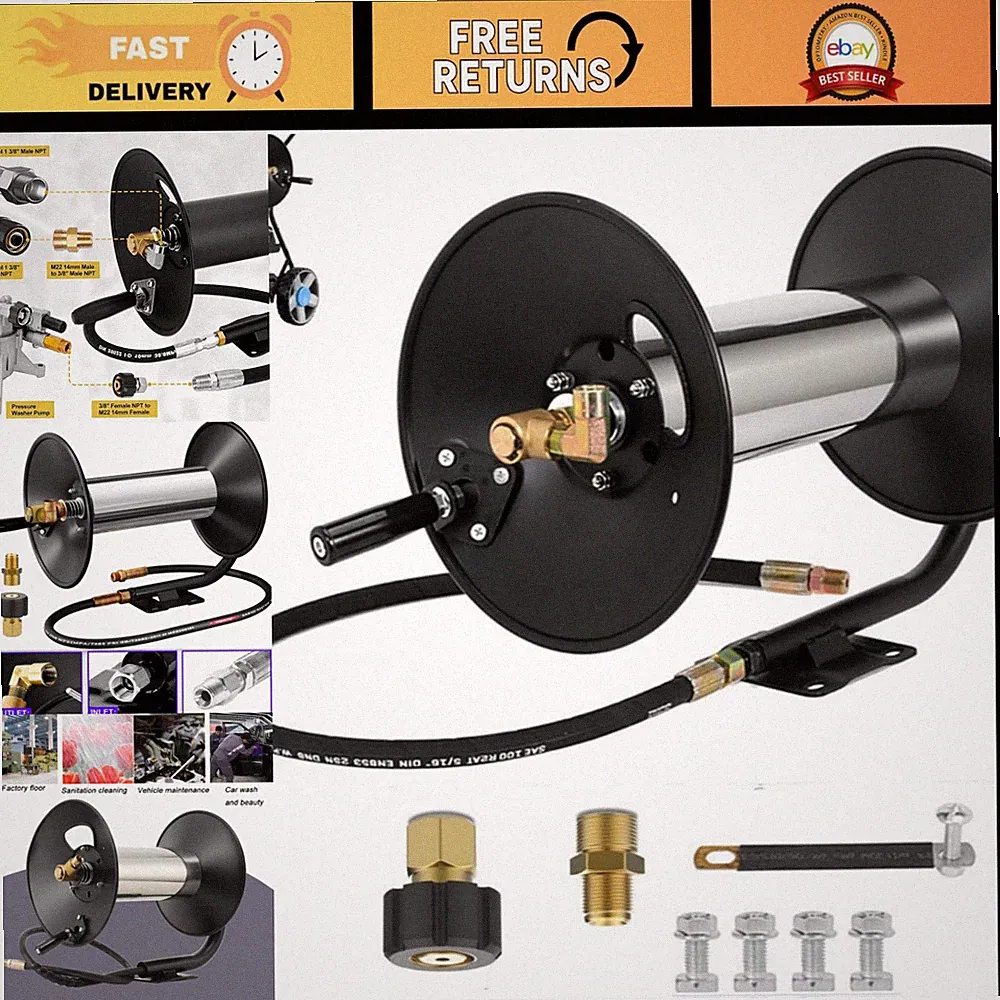 100FT Heavy Duty Pressure Washer Hose Reel, 4000 PSI, Hand Crank, Swivel Arm
