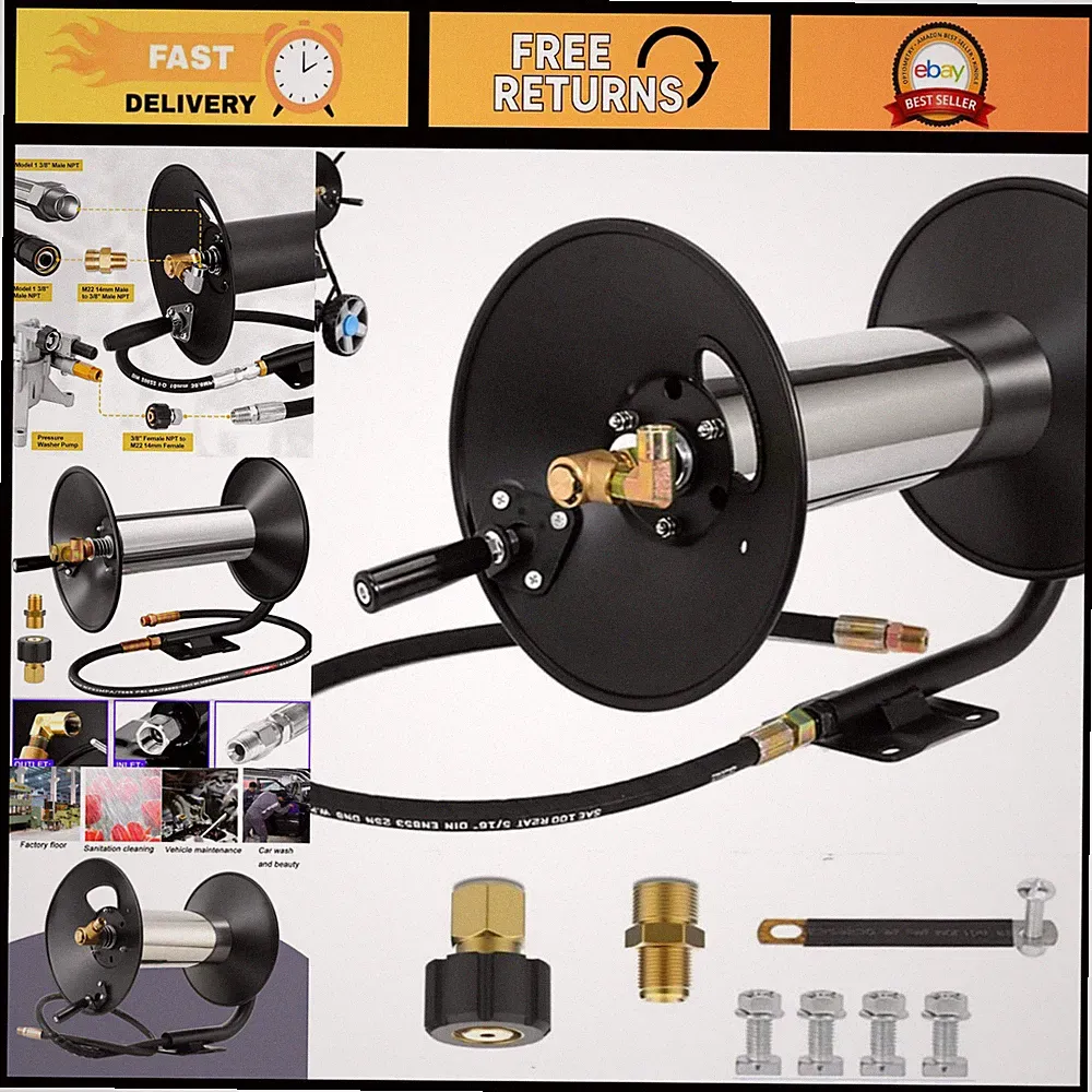 100FT Heavy Duty Pressure Washer Hose Reel, 4000 PSI, Hand Crank, Swivel Arm