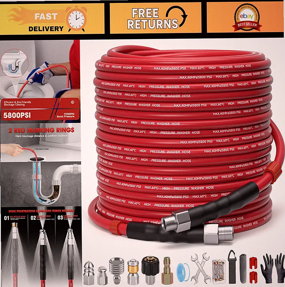 100ft Pressure Washer Drain Jetter Kit - 5800PSI Hose, Nozzles & Tools for Sewer