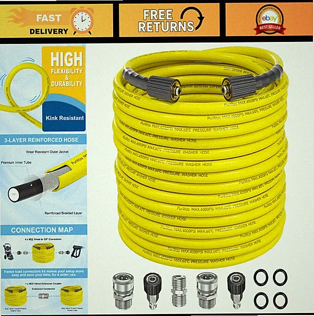 100FT Pressure Washer Hose, 1/4" Kink Resistant, 4000PSI, M22 to 3/8" Adapters