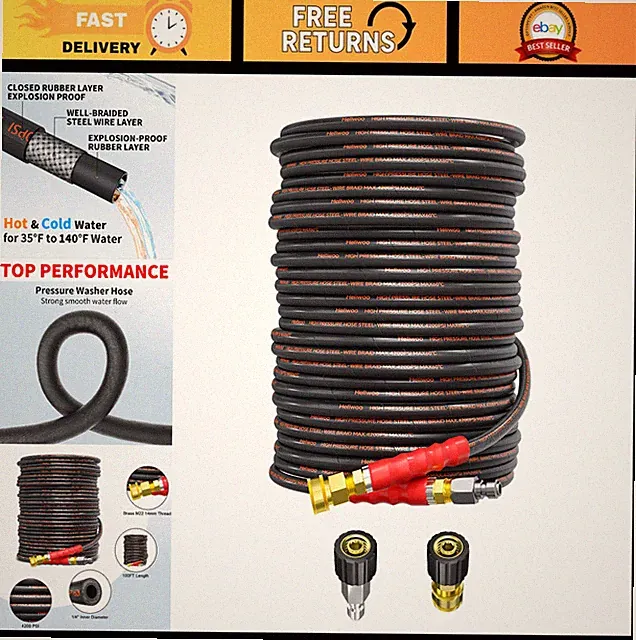 100FT Pressure Washer Hose 1/4" Kink Resistant 4200 PSI Steel Braided QC Ends