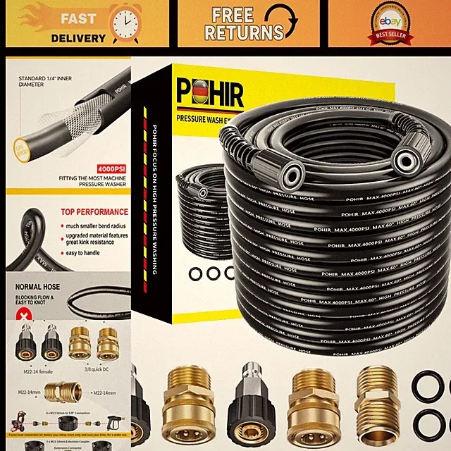 100ft Pressure Washer Hose 4000 PSI, High Power Replacement with M22 Adapter & Q