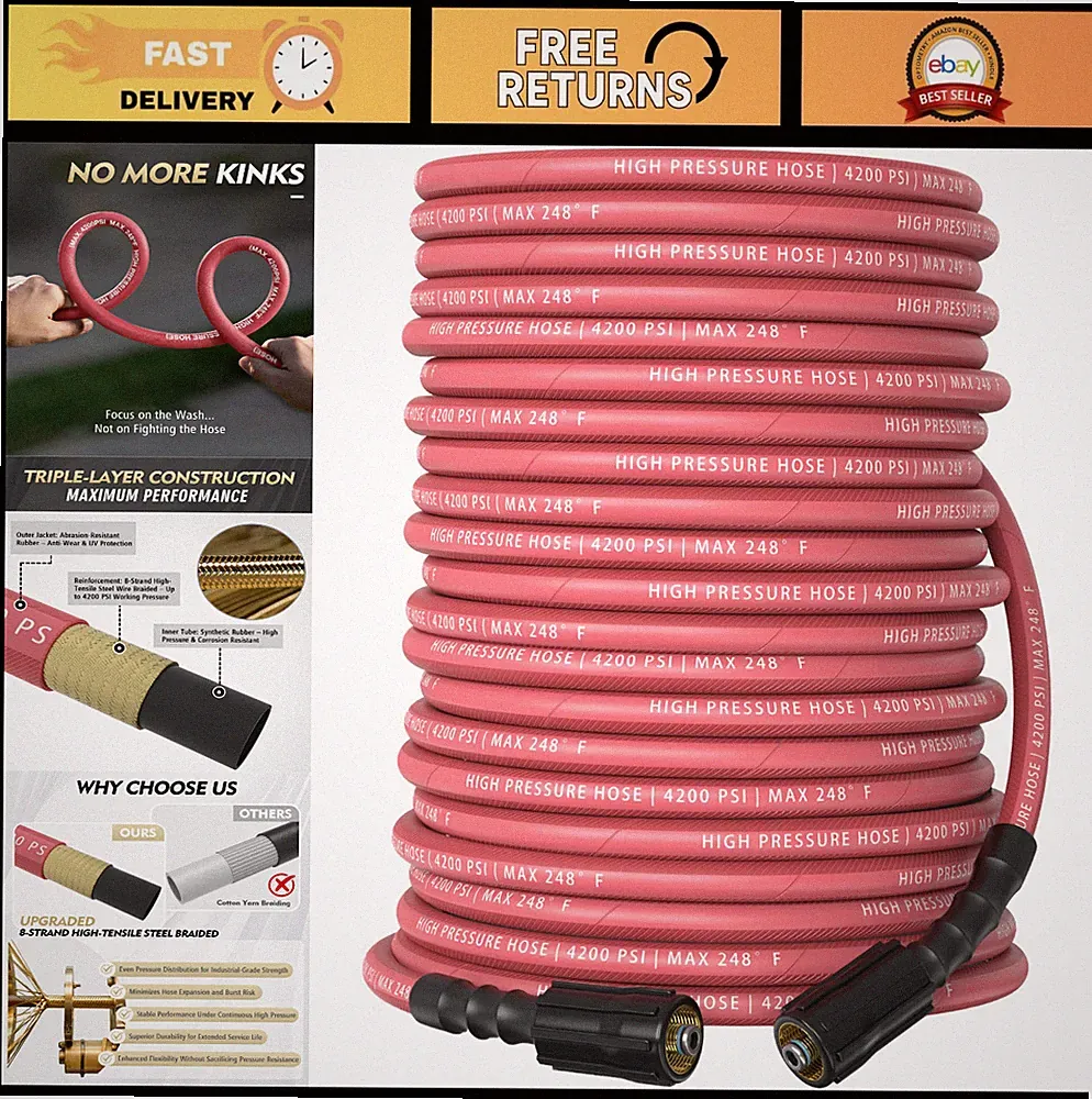 100ft Pressure Washer Hose, 4200 PSI, Kink-Resistant, Durable Steel-Braided, M22