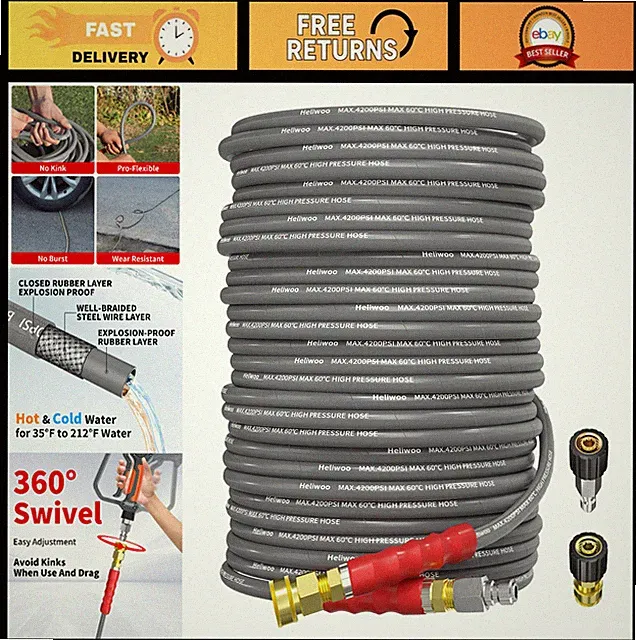 100ft Pressure Washer Hose 4200PSI, 3/8" Quick Connect, Kink Resistant Extension