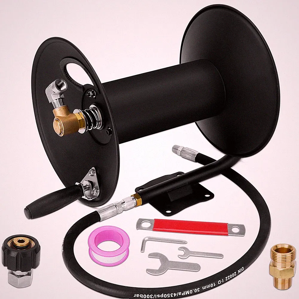 100ft Pressure Washer Hose Reel 3/8" NPT 4000 PSI Black Steel Wall Mount