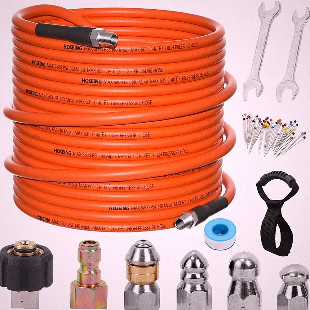 100FT Pressure Washer Sewer Jetter Kit, 5800 PSI Water Jet Drain Cleaner Hose wi