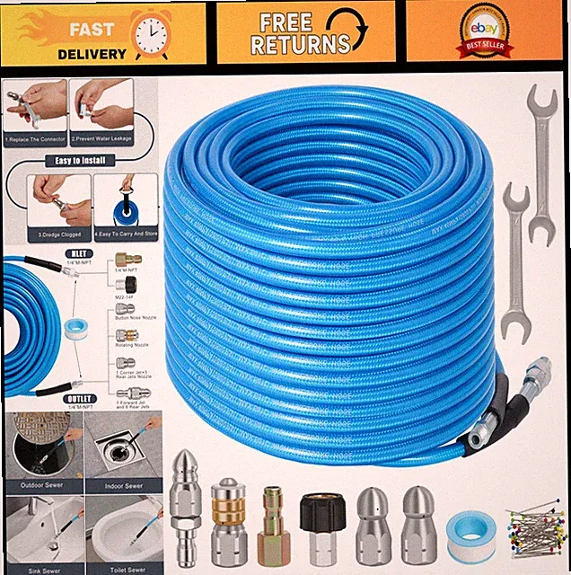 100FT Pressure Washer Sewer Jetter Kit, 5800PSI Drain Cleaner Hose, 4 Nozzles &
