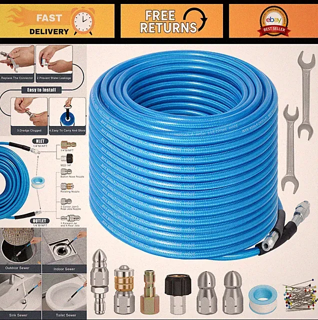100FT Pressure Washer Sewer Jetter Kit, 5800PSI Drain Cleaner Hose & Nozzles