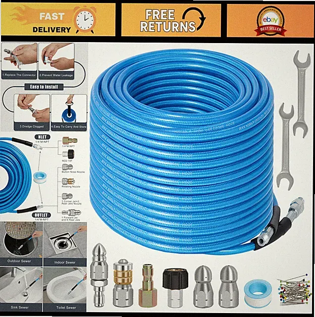 100FT Pressure Washer Sewer Jetter Kit, 5800PSI Drain Cleaner Hose & Nozzles