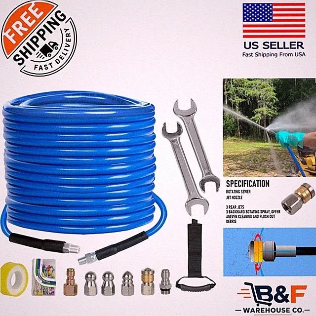 100FT Pressure Washer Sewer Jetter Kit with Nozzles - Versatile Drain Cleaner
