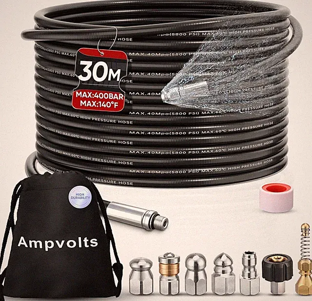 100FT Sewer Jetter Kit for Pressure Washer, 5800 PSI Drain Cleaning Hose with 5