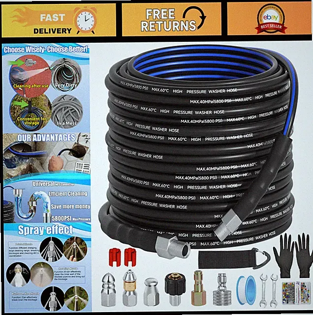 100FT Sewer Jetter Kit for Pressure Washer, 5800PSI Drain Cleaner Hose, 3 Nozzle