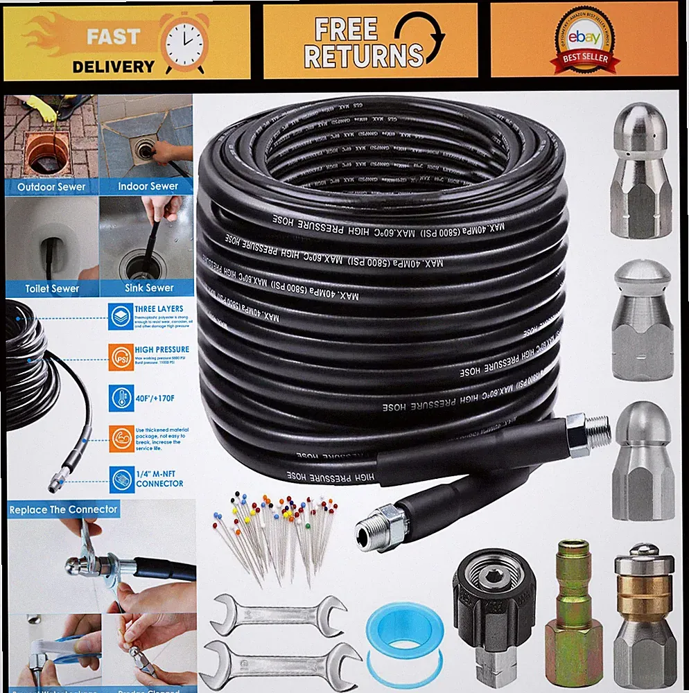 100FT Sewer Jetter Kit for Pressure Washer, 5800PSI Drain Cleaner Hose, Nozzle &