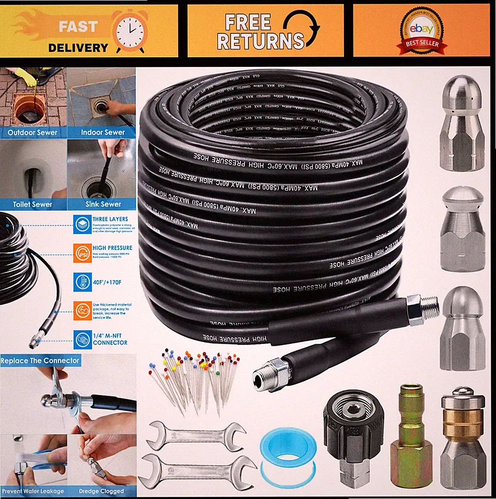 100FT Sewer Jetter Kit for Pressure Washer, 5800PSI Drain Cleaning Hose & Nozzle