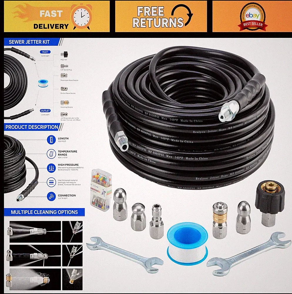 100FT Sewer Jetter Kit for Pressure Washer - 5800PSI Hose, Nozzles & Accessories