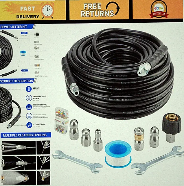 100FT Sewer Jetter Kit for Pressure Washer - 5800PSI Hose, Nozzles & Accessories