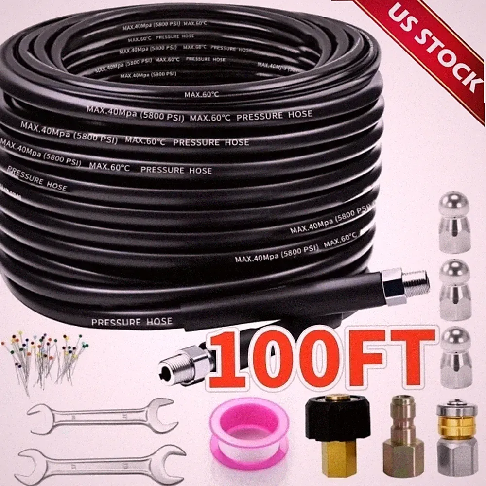 100FT Sewer Jetter Nozzles Kit 5800PSI Drain Cleaning Hose for Pressure Washer
