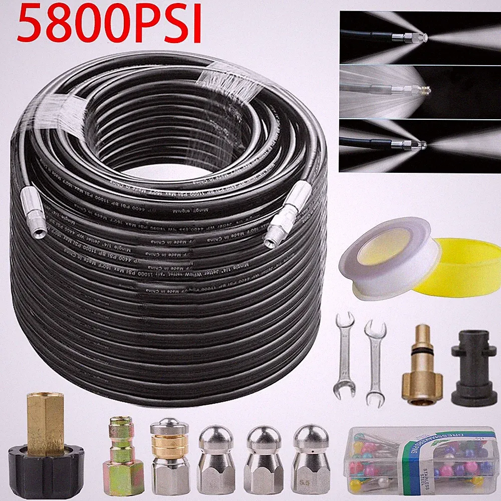 100FT Sewer Jetter Nozzles Kit Drain Cleaning Hose for Pressure Washer 5800PSI