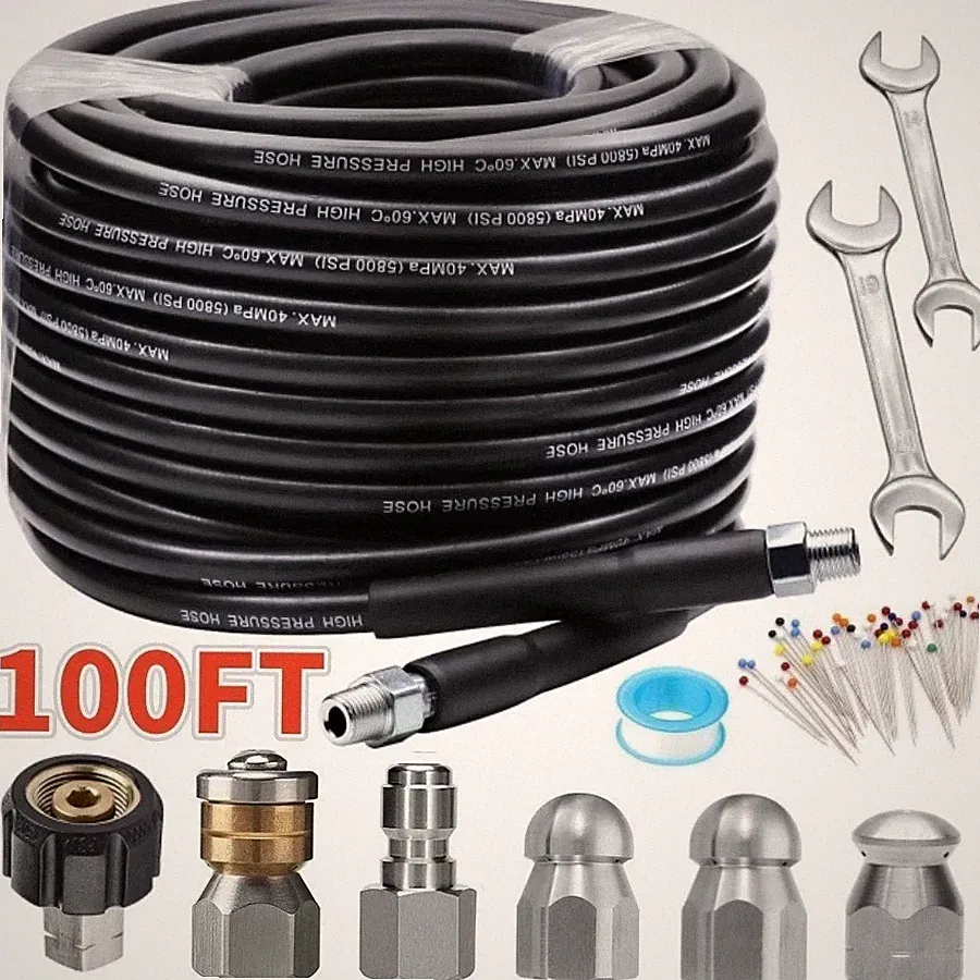 100FT Sewer Jetter Nozzles Kit Drain Cleaning Hose for Pressure Washer 5800PSI