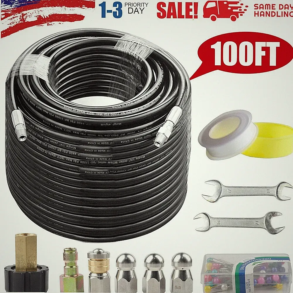 100FT Sewer Jetter Nozzles Kit Drain Cleaning Hose for Pressure Washer 5800PSI