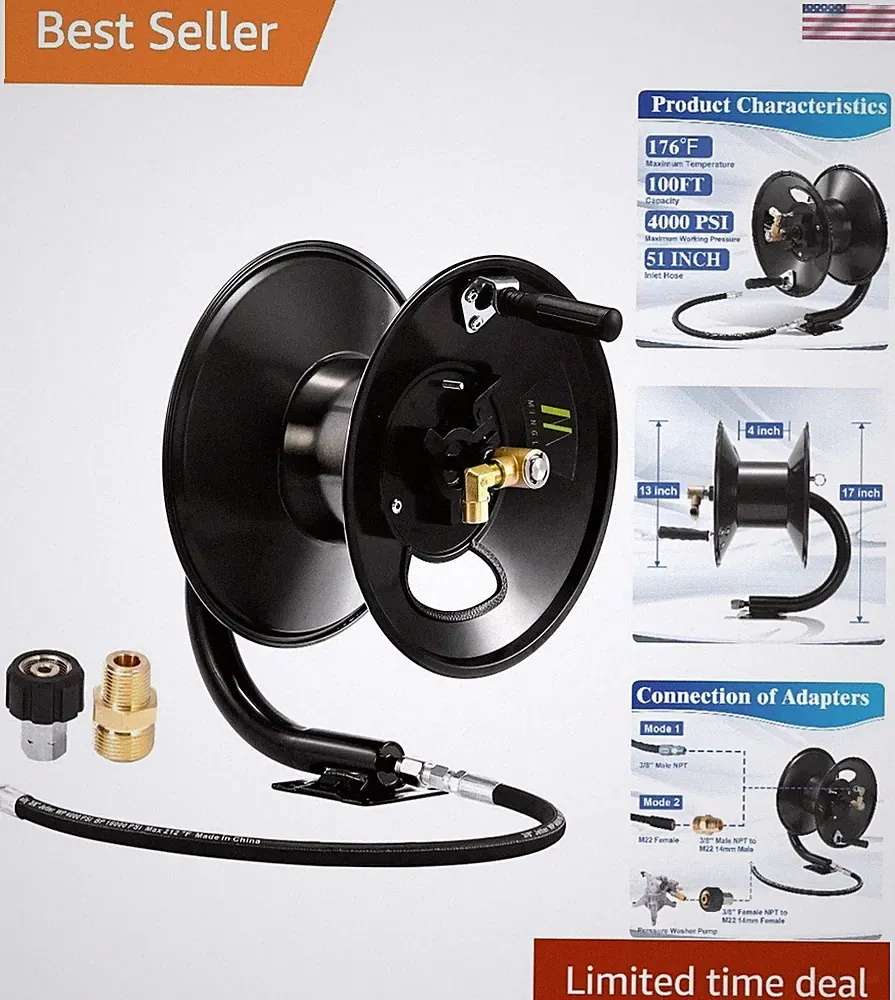 100ft Stainless Steel Pressure Washer Hose Reel - Manual Crank and Wall Mount
