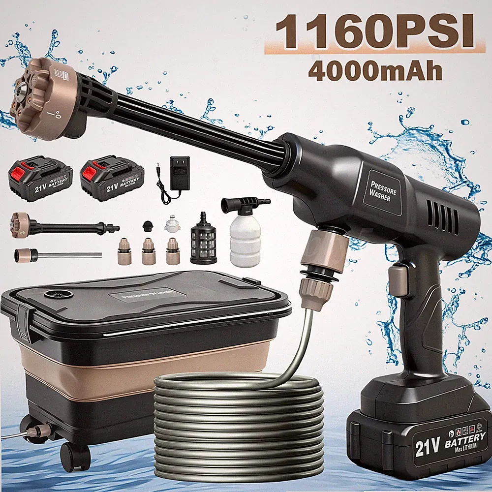 1160PSI Cordless Pressure Washer Gun 3Water Supply 2*4.0ah Batteries 6in1 Nozzle