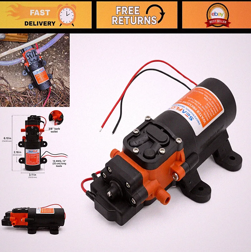 12V DC Water Pressure Diaphragm Pump - 1.2 GPM, 35 PSI, Adjustable Switch, Quiet