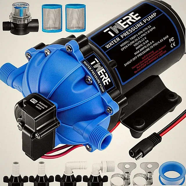 12V Diaphragm Water Pump 7 GPM 70 PSI SelfPriming w/ Pressure Switch & Strainer