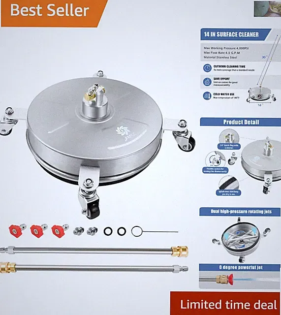 14" Commercial-Grade Pressure Washer Surface Cleaner with Stainless Steel Body
