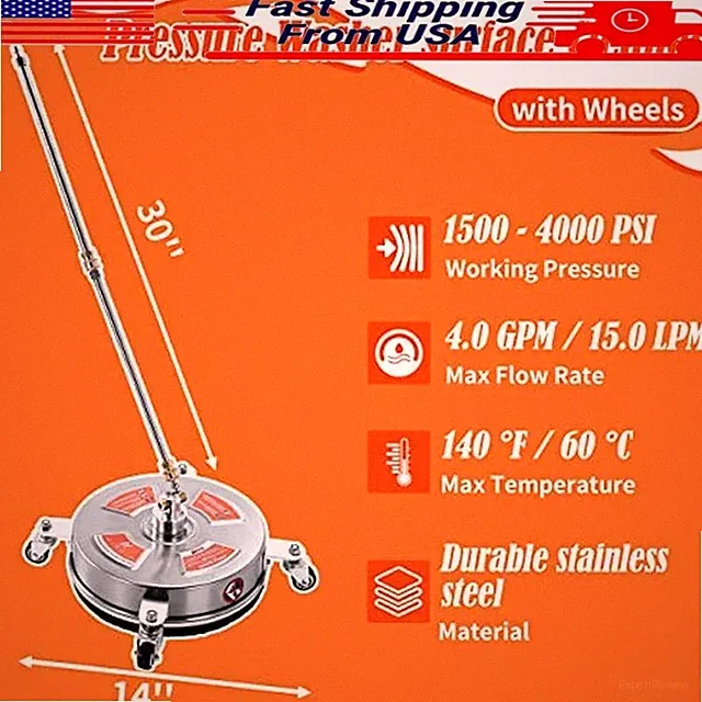 14 Inch Pressure Washer Surface Cleaner W/ Extension Wands 4000 PSI Accessory US