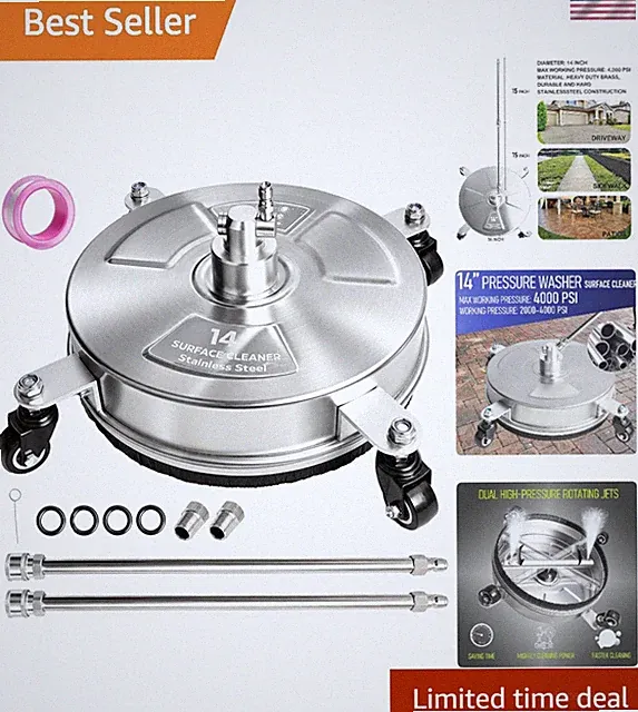 14" Pressure Washer Surface Cleaner, Stainless Steel Surface Cleaner with 4 W...