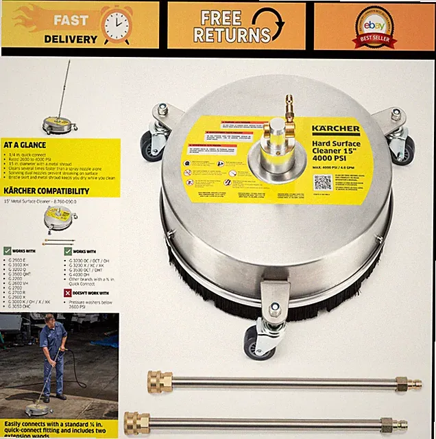 15" Pressure Washer Surface Cleaner, 3 Wheels, Stainless Steel, 4000 PSI, Quick