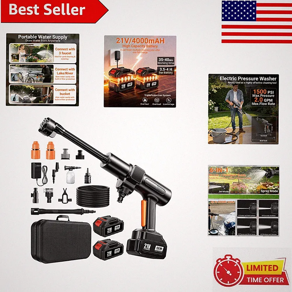 1500 PSI Cordless Pressure Washer with 6-in-1 Nozzle & Dual Battery System