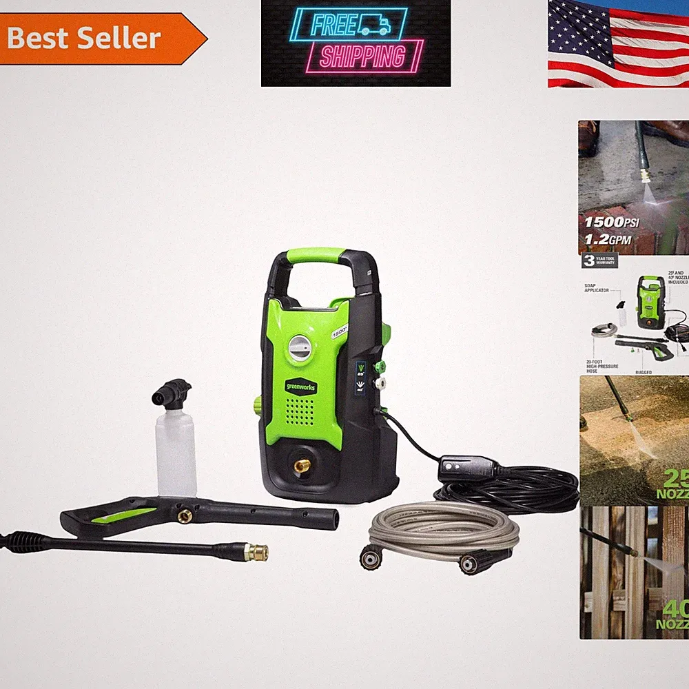 1500 PSI Electric Pressure Washer - Compact Design, 20 ft Hose & Soap Applicator