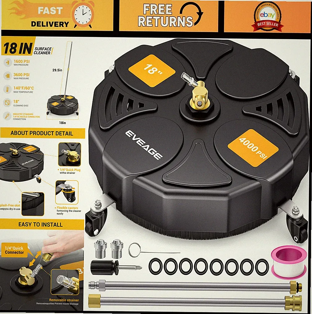18" Pressure Washer Surface Cleaner with Wheels, 4000 PSI, 2 Extension Wands for