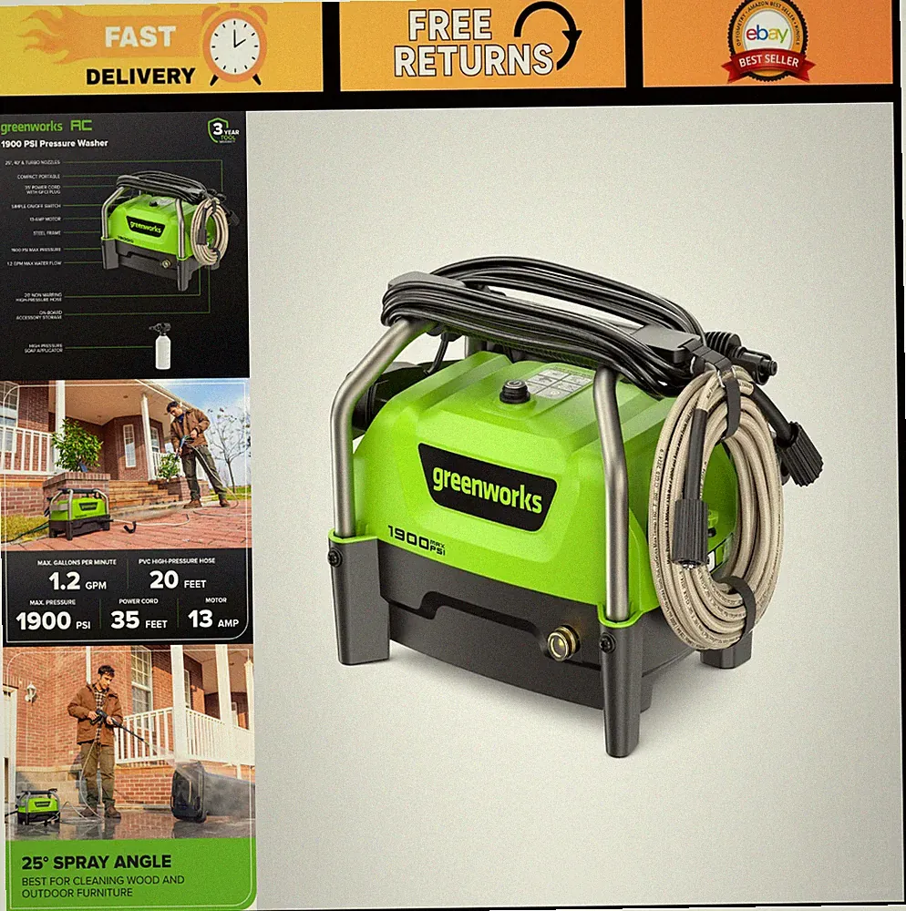 1900 PSI Electric Pressure Washer - 1.2 GPM, Nozzles & Soap Applicator for Cars