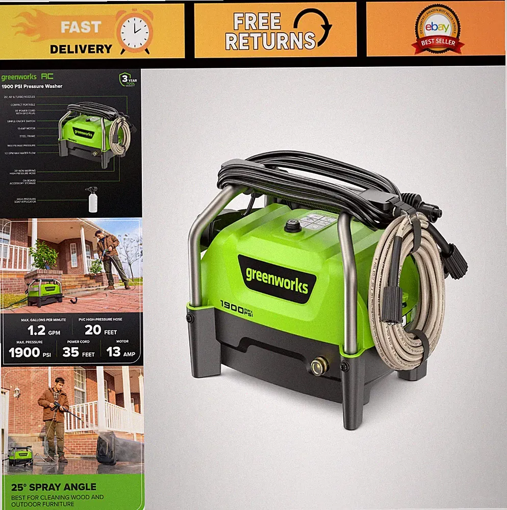 1900 PSI Electric Pressure Washer - 25°, 40°, Turbo Nozzles & Soap Applicator fo