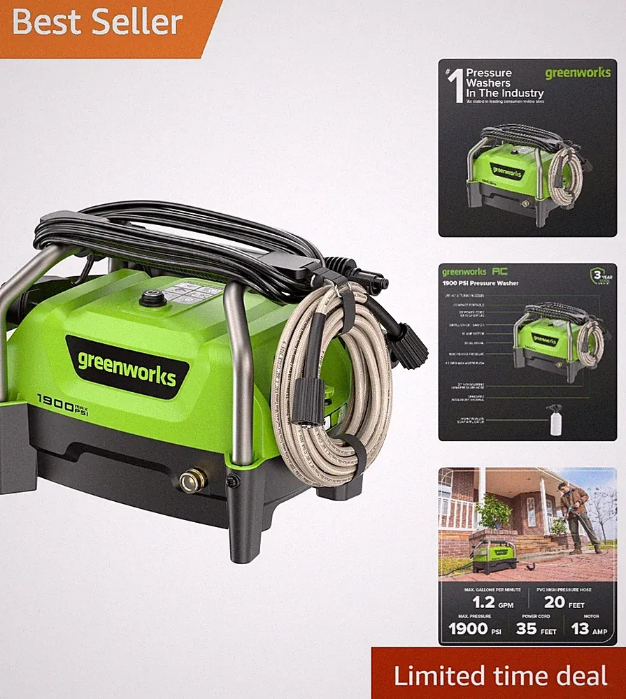 1900 PSI Greenworks Electric Pressure Washer - Ideal for Home & Outdoor Use