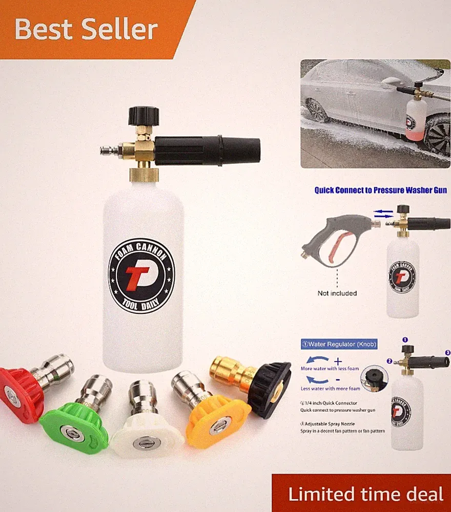 1L Foam Cannon for Pressure Washer with 5 Nozzle Tips, 3000 PSI Quick Connect