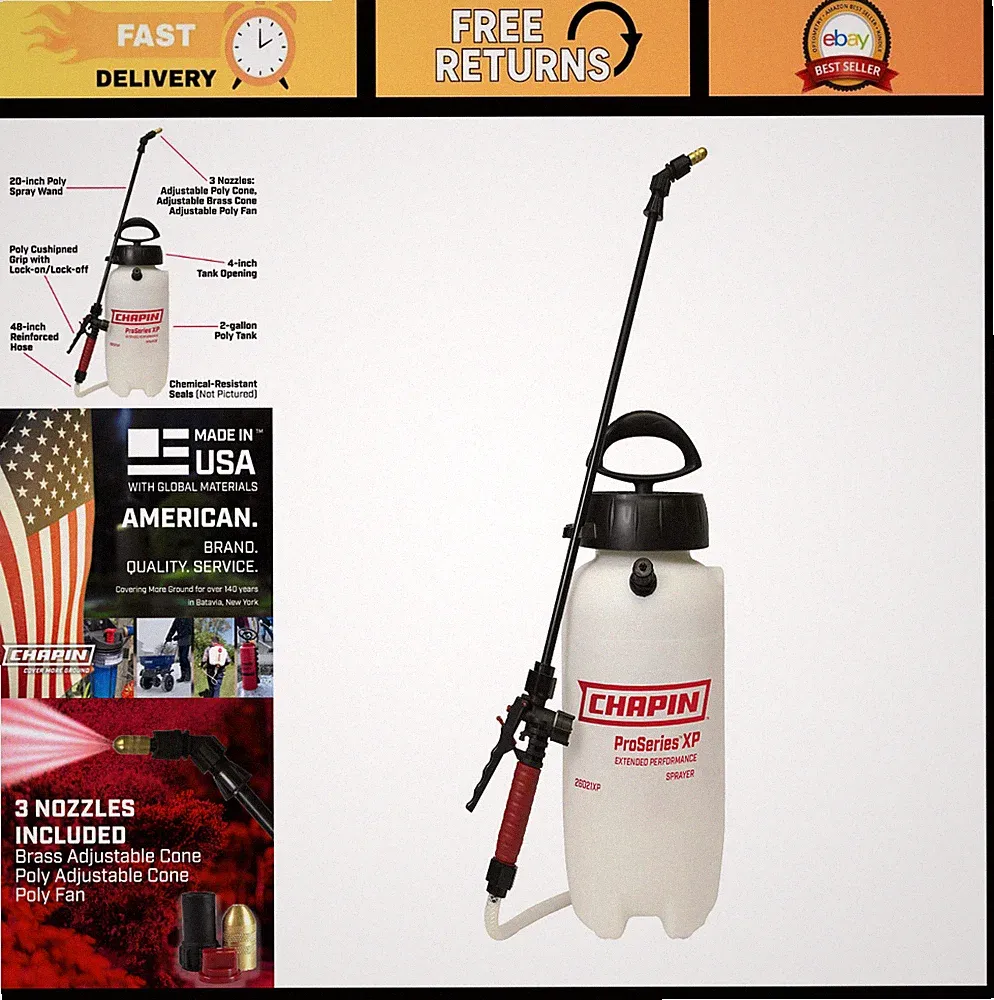 2-Gallon Heavy-Duty Compression Sprayer, 3 Nozzles, Pressure Relief Valve, Comfo