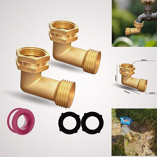 2 Pk 90 Degree Garden Hose Elbow Connector Brass 3/4" GHT Kink Protector & Tape